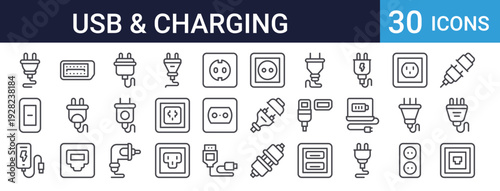 USB Cable and Charging Port Icon Set of 30 Thin Line Vector
