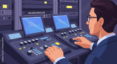 Man operating sound mixing console equipment.