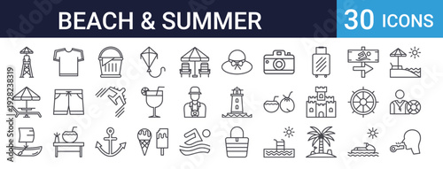 Beach Summer Vacation Set of 30 Thin Line Vector Icons