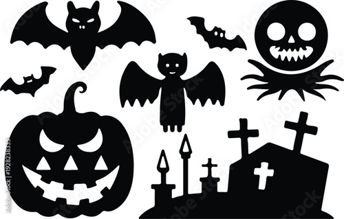 hand drawn halloween  spooky black icons set vector illustration design silhouette 