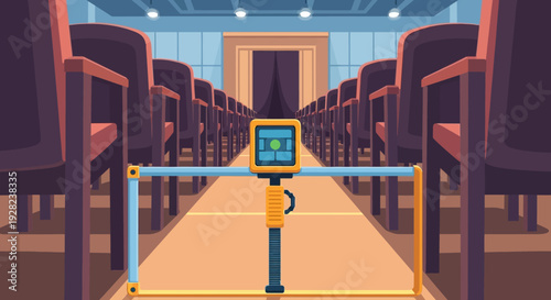 Metal Detector Scanning Empty Auditorium Chairs.