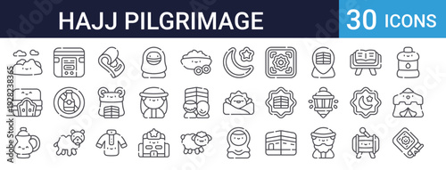 Hajj Pilgrimage Icons Set of 30 Thin Line Vector