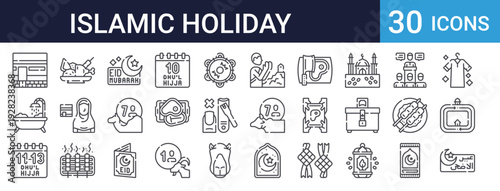 Eid al Adha Islamic Holiday Set of 30 Thin Line Vector Icons