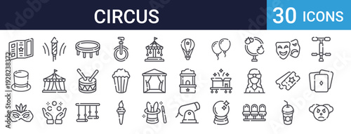 Circus Entertainment Icons Set of 30 Thin Line Vector
