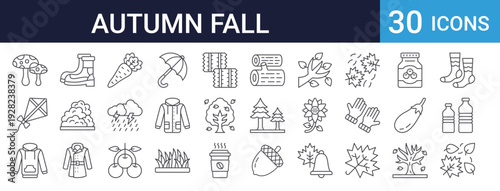 Autumn Fall Season Icons Set of 30 Thin Line Vector