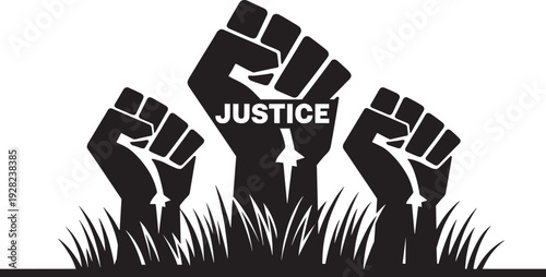 Raised fist justice protest silhouette vector illustration, human rights activism symbol, social equality movement graphic isolated