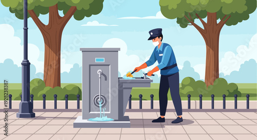 Man Drinking Water from Public Fountain.