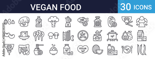 Vegan Food Icons Set of 30 Thin Line Vector Collection
