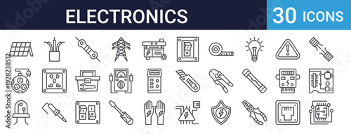 Electronics Circuit PCB Set of 30 Thin Line Vector Icons