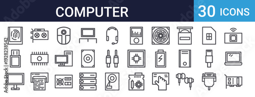 Computer Technology Icons Set of 30 Thin Line Vector