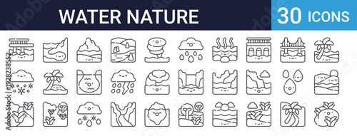 Water Nature Landscape Set of 30 Thin Line Vector Icons