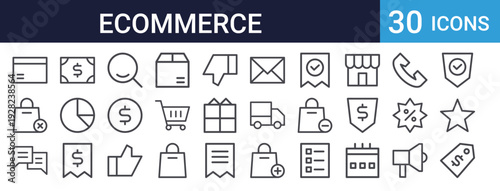 Ecommerce Online Shopping Icons Set of 30 Thin Line Vector