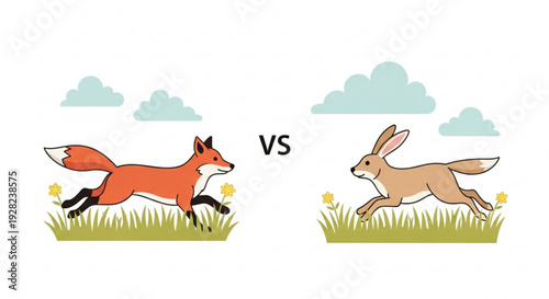 Cartoon-style fox and rabbit running side by side through grassy fields under a cloudy sky, depicting a playful competition.”