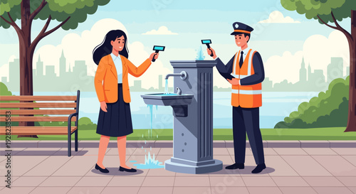 Woman and Man Drinking from Water Fountain.