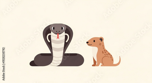 “Cartoon-style cobra and dog confronting each other on a simple beige background.”
