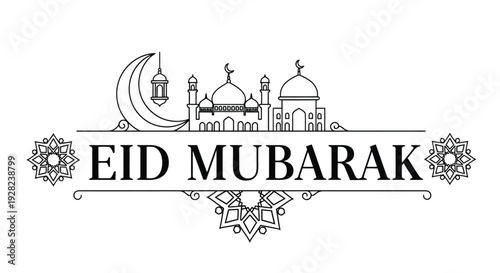 Eid mubarak greeting with a crescent moon mosque and ornate floral designs