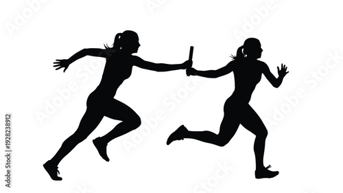 Two female athletes exchanging a baton during a relay race silhouette