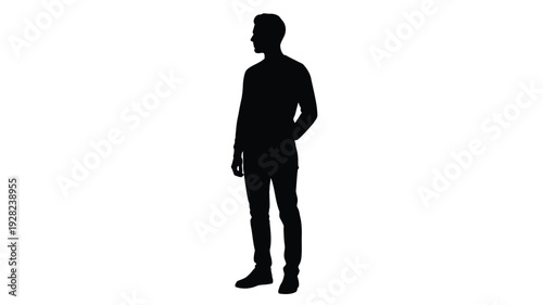 A standing man in casual attire against a plain white background silhouette