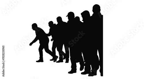 Silhouette of a group of people walking in a single file line