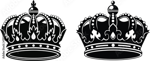 Black and white illustration of two royal crowns side by side