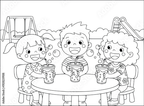Smoothie coloring page of happy children drinking together at a playground