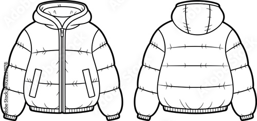 Puffer Jacket Fashion Technical Sketch Vector Mockup with Hood and Zip Front Front and Back View for Winter Outerwear Apparel Design and Template (23 words)v