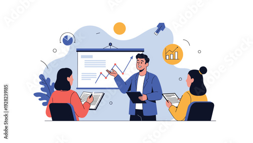 Confident male professional delivers a business presentation to his attentive colleagues using a whiteboard with growth charts.