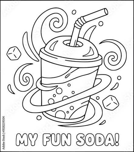 Soda coloring page featuring a cold plastic cup with ice and giant swirls