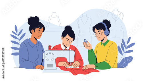 Team of skilled seamstresses works together using a professional sewing machine and various clothing patterns in a bright studio.