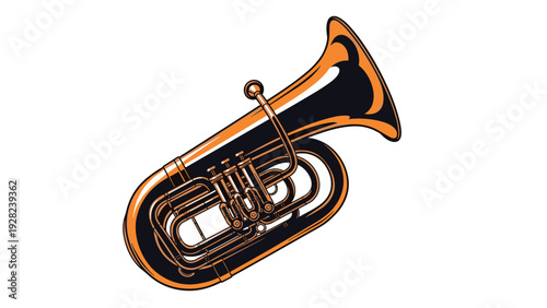 Large brass tuba musical instrument is shown in detail with its complex valves and polished finish on a white background.