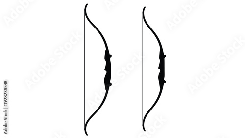 Two traditional recurve bows displayed against a white background silhouette