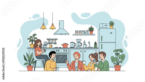 Group of diverse friends gathers in a bright modern kitchen to enjoy drinks and engage in casual conversation together.
