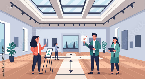 Group of People Discussing Artwork in Gallery.