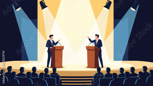 Two politicians standing at lecterns and engaging in a formal public debate on a stage lit by bright spotlights before an audience.