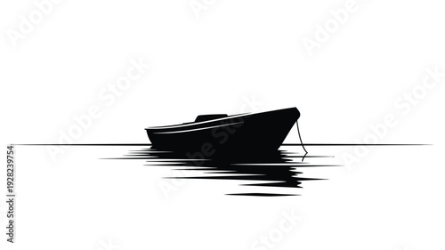 Minimalist black silhouette of a small boat on calm water silhouette