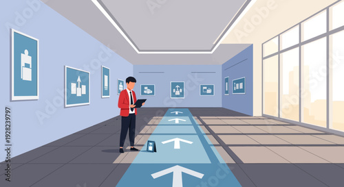 Woman standing in a long corridor with directional arrows.