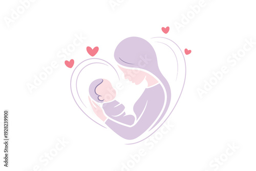 Mother holding a newborn baby surrounded by hearts heart love care nurture parenting