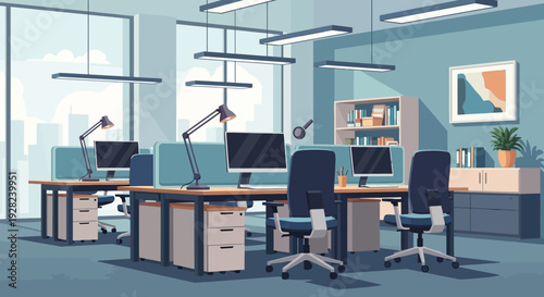 Modern Office Workspace with Desks and Computers.