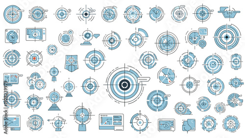 Comprehensive set of high tech target reticles and user interface elements designed for head up displays in futuristic games.