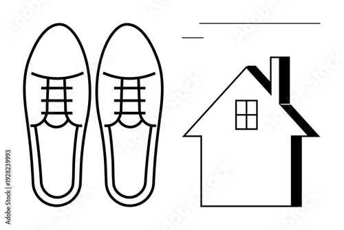 Home decor, lifestyle design, modern living, simplicity, fashion, housing industry. Minimalist black-and-white line art shoes and a house. Home decor and lifestyle design concept