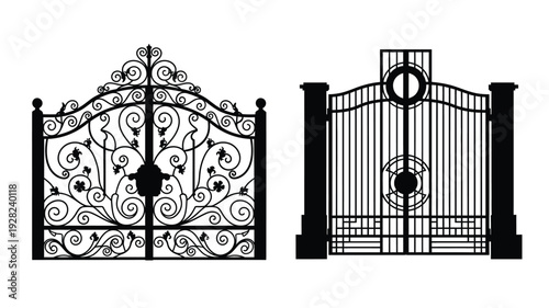 Ornate wrought iron gates with detailed floral designs a dark silhouette