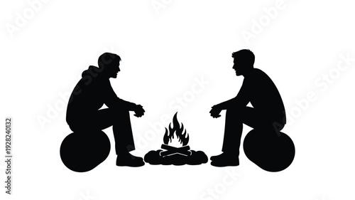 Two men sitting by a campfire depicted as a stark silhouette