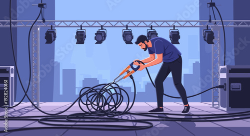 Man Organizing Cables on Stage Floor.