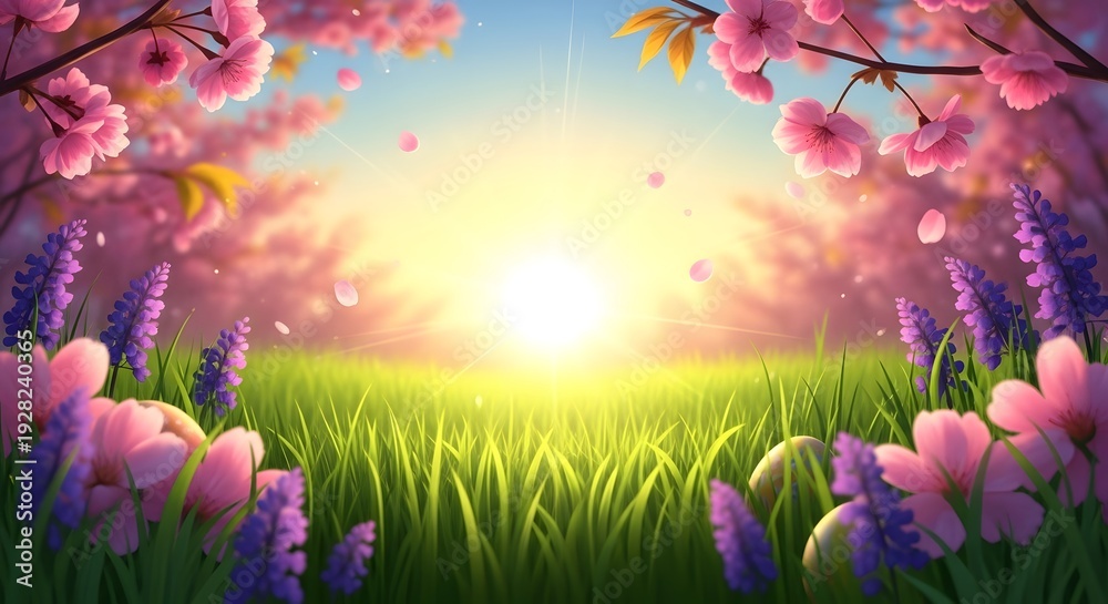 Obraz premium Serene spring landscape with blooming flowers and sunset
