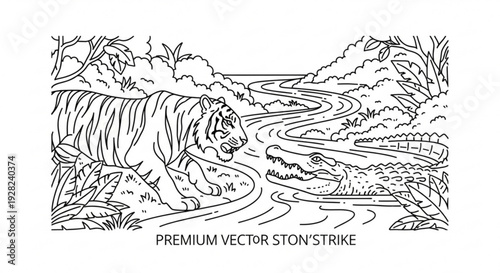 Tiger and crocodile face confrontation in winding river jungle scene with lush vegetation