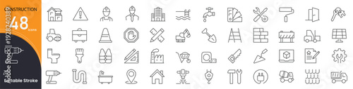 Construction icon set. Building and infrastructure related line icons. helmet, crane, blueprint, hammer, bricks, machinery, tools, safety, architecture, renovation and more. Editable stroke. 