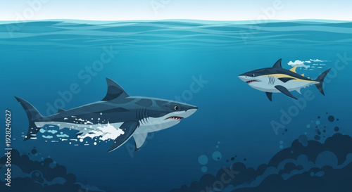 Two gray sharks swimming underwater in ocean with coral reef and sunlight