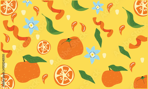 Seamless Orange Fruit Pattern with Leaves and Blossoms on Yellow Background