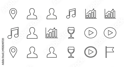 Collection of various icons including location people music charts and media controls