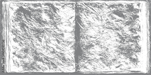 Grayscale textured open book with rough paper and visible spine pages